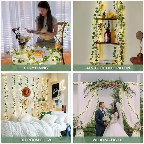 HEYFUNi 23ft Pre-Wrapped Ivy Vine Lights with 73 LEDs, USB or Battery Operated Artificial Greenery Garland for Bedroom Aesthetic, Dorm Room, Wedding Backdrop, Boho Wall Decor, Warm White