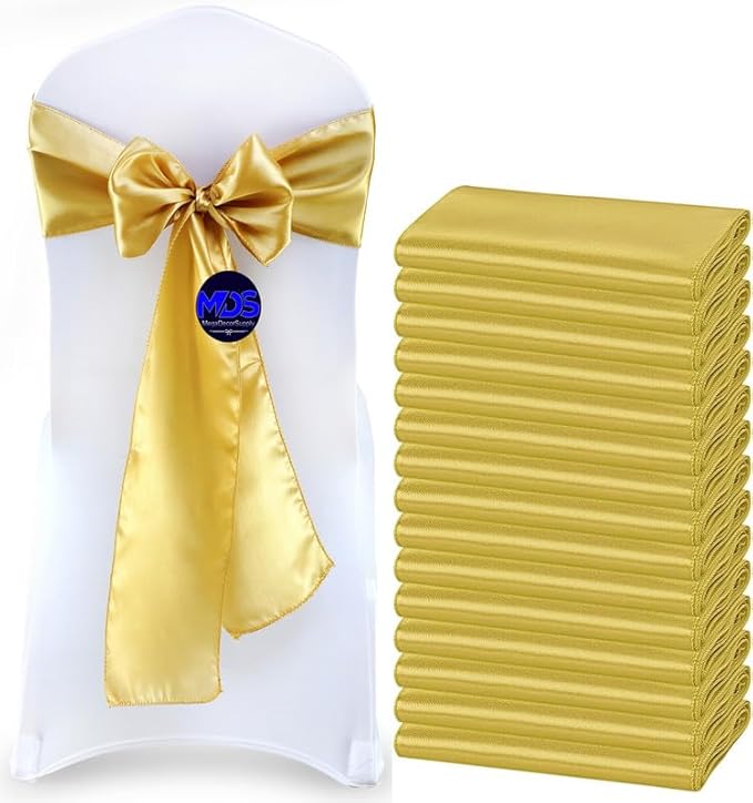 MDS Pack of 10 PCS Satin Chair Sashes Charmeuse Sateen Dining Chair Bows Ribbon Ties Back Sash for Wedding Party Birthday Home Hotel Restaurant Banquet Decoration (7 x 108 Inch, Gold)