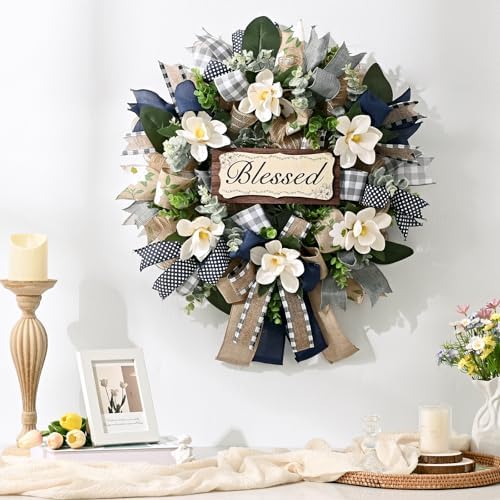 waipfaru wreaths for front door, 22 inch magnolia on a desk or shelf