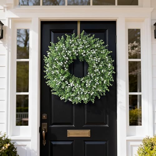 26" artificial eucalyptus wreath with flowers for front shown in use