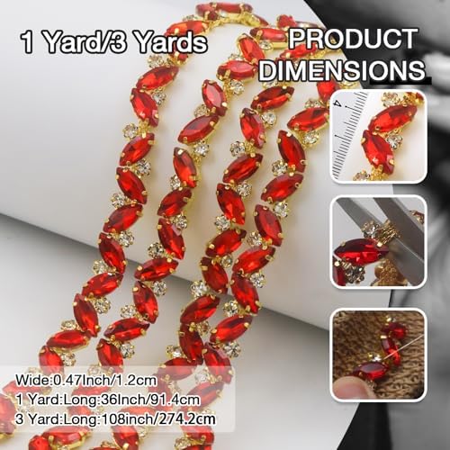 pearly jun 3 yards red rhinestone chain trim, front angle view