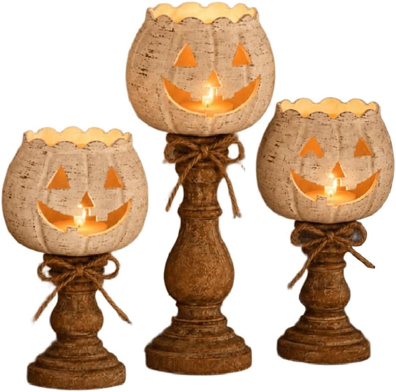Rustic White Pumpkin Tealight Candle Holder Set, Farmhouse Halloween Pumpkin Tea Light Candle Holders Decor, Fall Tables Centerpieces for Thanksgiving & Halloween Party