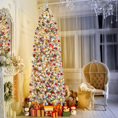 yaheetech 9ft pre-lit snow flocked pencil christmas tree shown in use