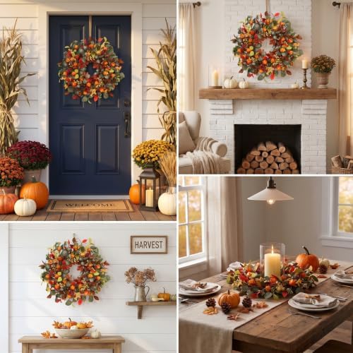 fall eucalyptus lantern pods wreath 22 inch front showing dimensions