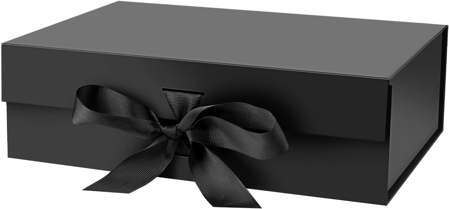 DaiJoob Gift Box with Lid for Presents 10.5x7.5x3.1 Inches with Ribbon and Magnetic Closure(1-Pack) (Black)
