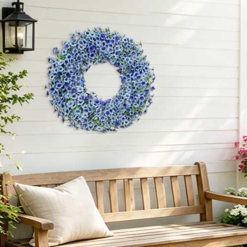 24" blue artificial floral wreath for front door showing dimensions