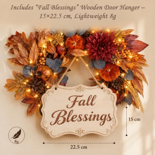 22 inch fall wreath for front door, artificial, front angle view