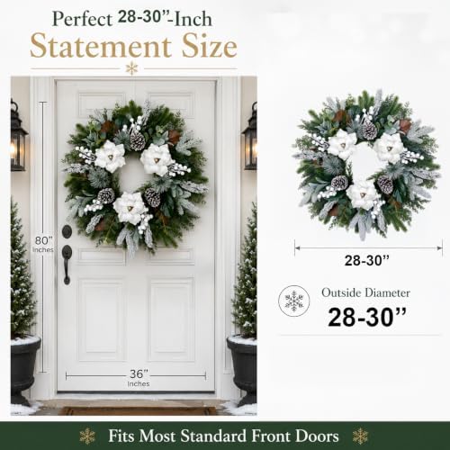 28inch winter wreath for front door, frosted magnolia, close-up detail