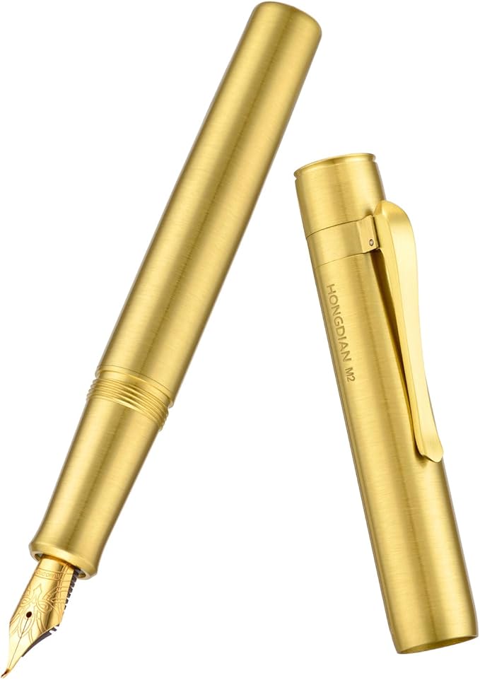 Hongdian M2 Mini Brass Fountain Pen with Bent Nib, Sleek Shape Short Pocket Travel Pen (Glossy Brass)