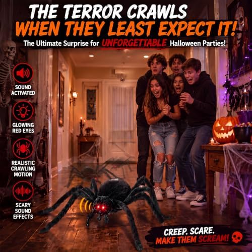34" halloween animatronic spiders decor, jumping wriggling climbing showing dimensions