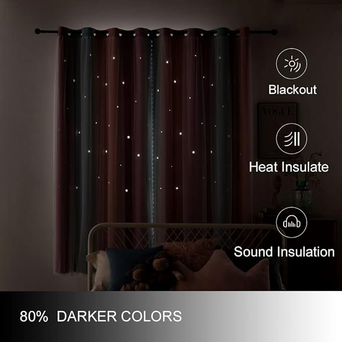 FANLI Ombre Rainbow Blackout Curtains for Kid Girls Bedroom Living Room Darking Stripe Double Layer Star Cut Out Wall Home Decor Gradient Grommet Window Curtains (Pink Purple, 52W x 63L)