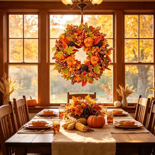 24 inch harvest fall wreath, farmhouse pumpkin pinecone on a desk or shelf