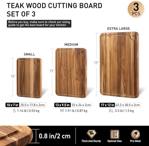 teak wood cutting boards for kitchen 3 pack, close-up detail