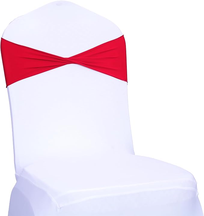 MDS Pack of 10 Spandex Chair Sashes Bows Elastic Stretch Dining Chair Bands Ties Without Slider Buckle Universal fits for Wedding Baby Shower Birthday Party Banquet Event Decoration - Red