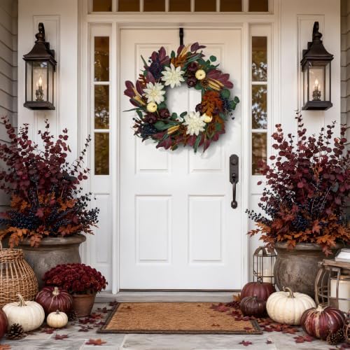 24 inch fall wreath for front door, autumn, side view
