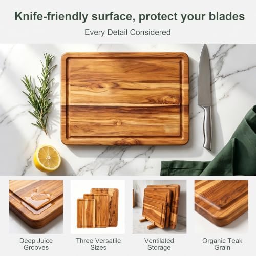 teak wood cutting board set with fast drying, front angle view