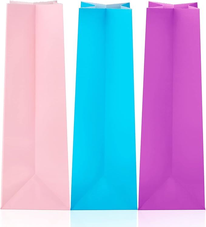 Cooraby 30 Pieces 5.1 x 3.1 x 9.4 Inches Colorful Kraft Paper Bags with 48 Stickers Party Treat for Wedding, Celebration, Birthday Party Supplies (Sky Blue, Light Purple, Pink)