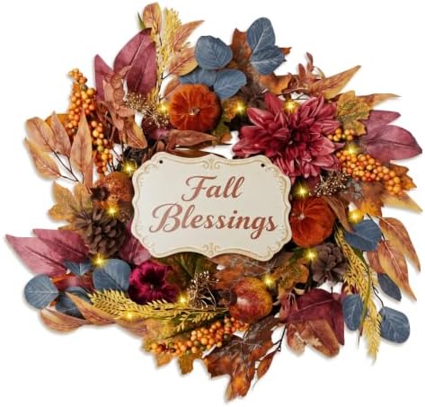 22 inch fall wreath for front door, artificial, view 9