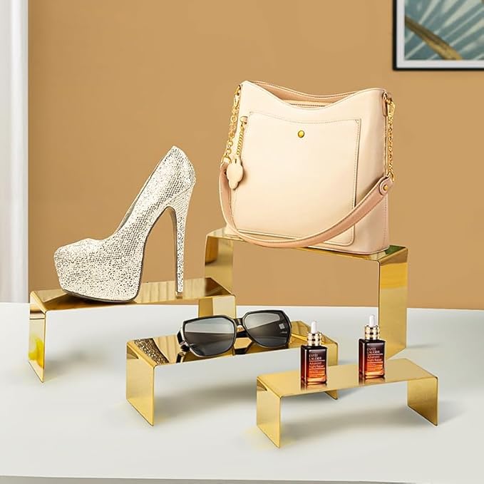 4 Pcs Gold Stainless Steel Display Risers, Display Stand for Cupcake Dessert Perfume Purse Handbag Shoe Jewelry and Funko Pop