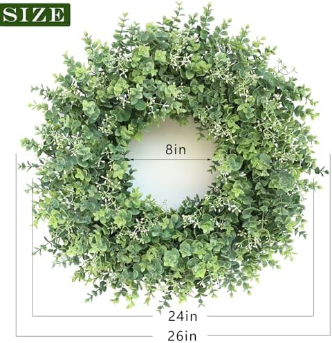26'' artificial eucalyptus wreath with seeds for front showing dimensions