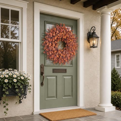 24" artificial fall boxwood wreath for front door on a desk or shelf