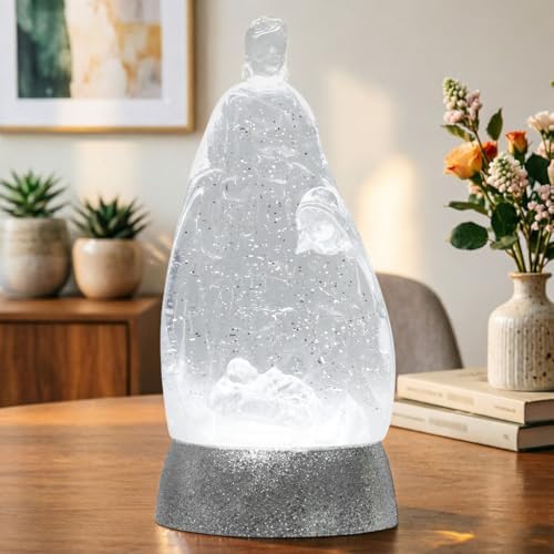 Nativity Snow Globe Holy Family Lighted Snowglobe Lantern with 6H Timer, Battery Operated Nativity Water Globe, White Nativity Scene Religious Decor Gift for Prayer Room, Church, Tabletop, Home Décor