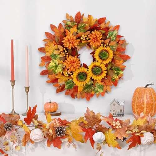 waipfaru fall wreaths for front door,22 inch autumn showing dimensions