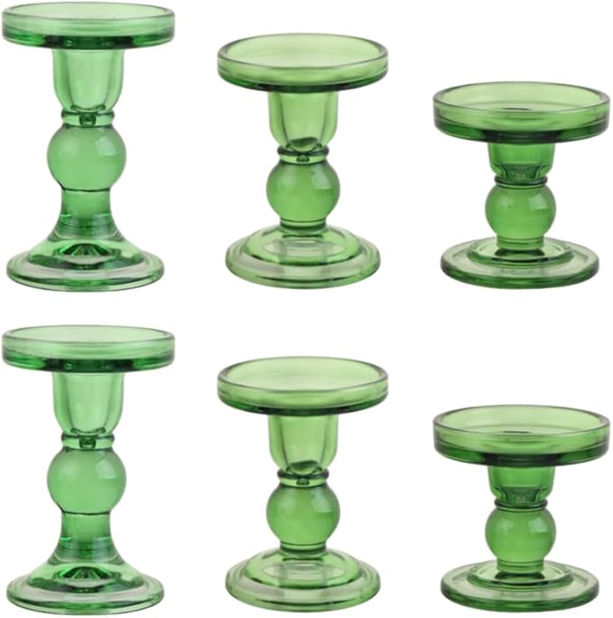 6-Piece Set of Green Glass Candlestick, Crystal Candlestick Holder Holder and Conical Candle, Christmas Candle Holder Decoration, Family Living Room Wedding Candle Holder (green2sets)