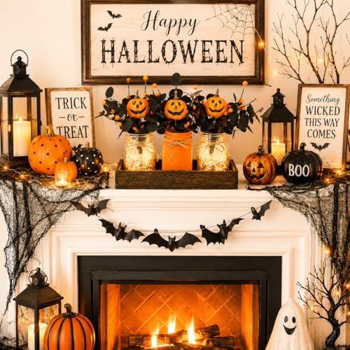 Lighted Halloween Table Centerpiece, Pumpkin Mason Jar Decorations for Home
