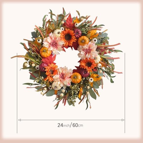 24 inch fall wreaths for front door artificial, close-up detail
