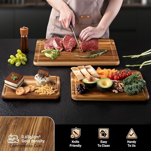 teak wood cutting boards for kitchen 3 pack showing dimensions