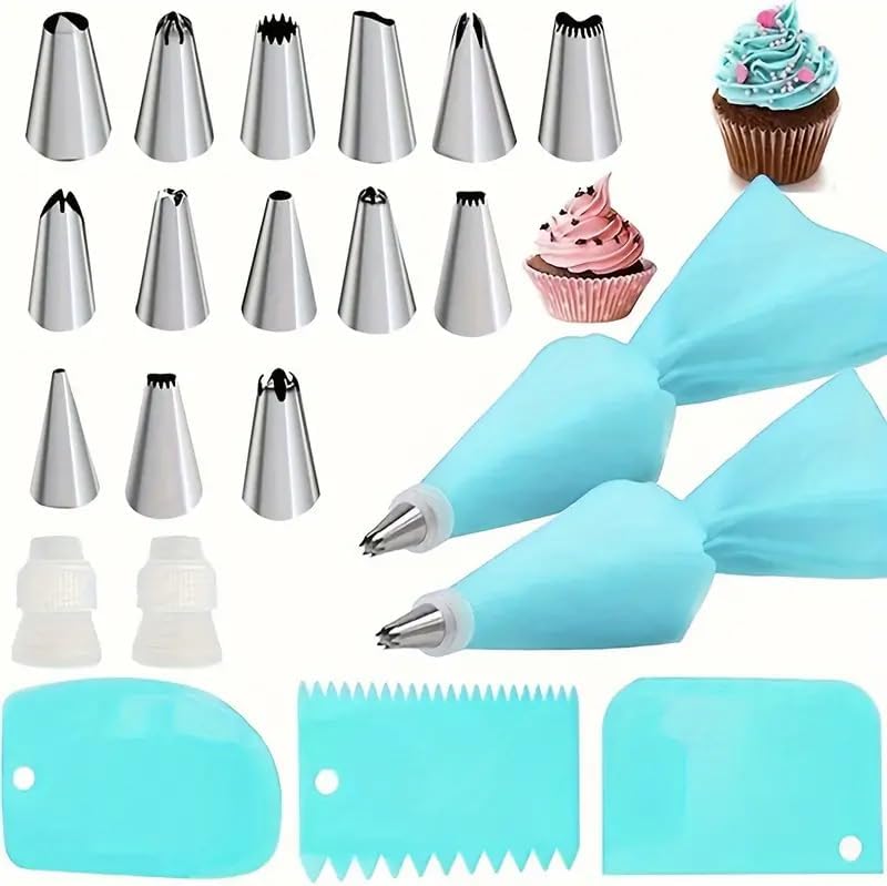 21 Pcs Reusable Piping Bags and Tips Set, Cake Decorating Tips Set with 14 Stainless Steel Piping Tips, 2 Pastry Bags, 2 Couplers and 3 Scrapers, Kitchen Accessories for Making Cupcakes, Cookies, Blue