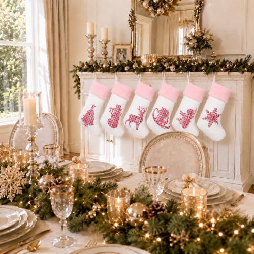White Pink Buffalo Plaid Embroidered Christmas Stockings Set of 6 | Cute Large Christmas Stocking with Pink Faux Fur for Holiday Gifts, Christmas Stocking Stuffers and Christmas Décor
