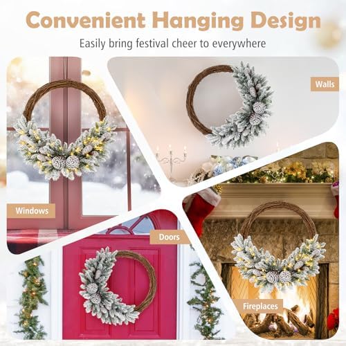 goflame 24” pre-lit artificial christmas wreath, snow flocked on a desk or shelf
