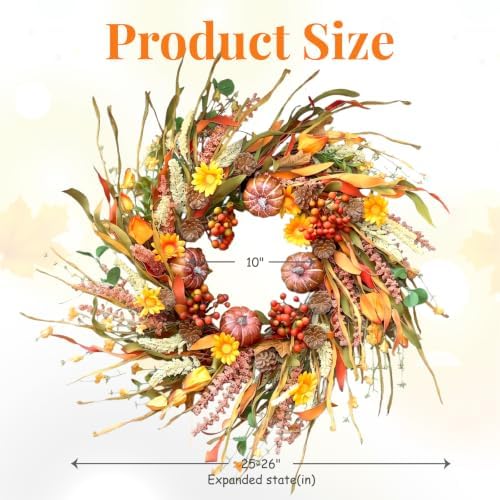 26 inch pumpkin fall wreath for front door showing dimensions