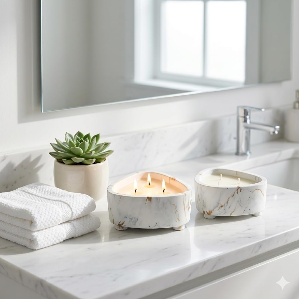 Floral Scented Triangular Ceramic Candle Bowl - 15 Oz, White & Gold, Reusable by Aria Home