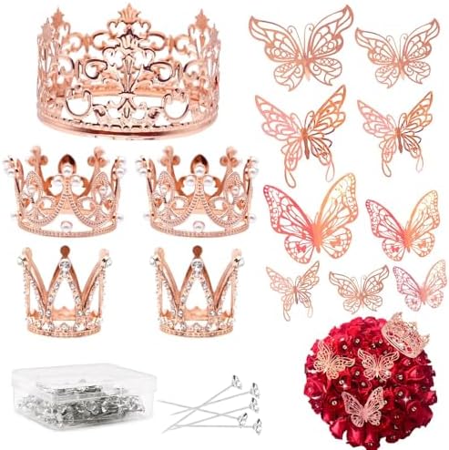 141 Pcs Mini Crown for Flower Bouquets Including 5 Bouquet Crowns, 36 3D Butterfly Decorations and 100 Flower Diamond Pins, Rose Gold Cake Topper for Wedding Birthday Party