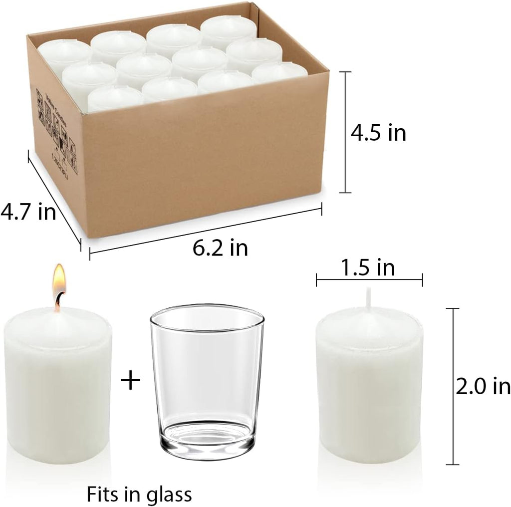 2.0 Inch White Votive Candles, Unscented Wax 12 Hour 1.5'' Diameter Candles for Wedding, Party & Home, 24 Packs