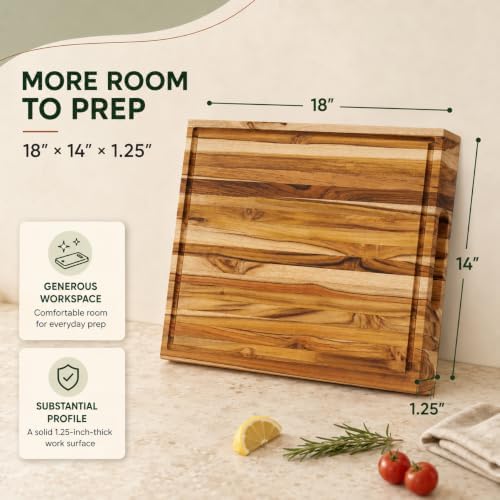 teak wood cutting board for kitchen, 18x14 inch shown in use