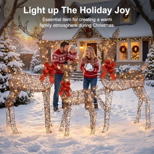 5ft brown rattan deer family set, 160 leds, side view