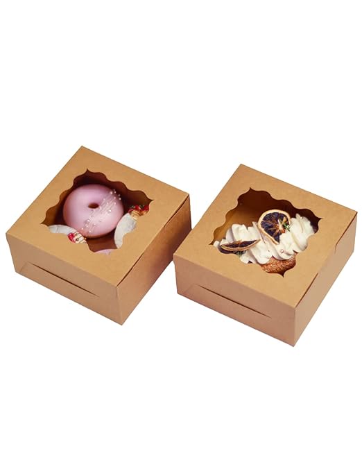 Bakepacker 100pcs Kraft Cookie Boxes 6x6x3 inches Easy Assemble Macaroon Pastry Boxes Bakery Boxes with Window for Bakery
