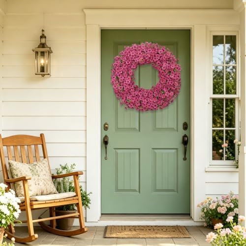 24" fuchsia artificial floral wreath for front door on a desk or shelf