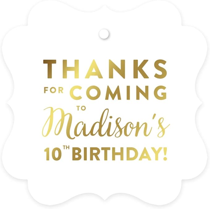 Andaz Press Personalized Fancy Frame Square Birthday Gift Tags, Metallic Gold Ink, Thanks for Coming to Madison's 10th Birthday Block Style, 24-Pack, Custom Made Name Age