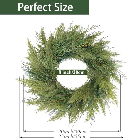 20” green faux norfolk pine christmas winter wreath on a desk or shelf