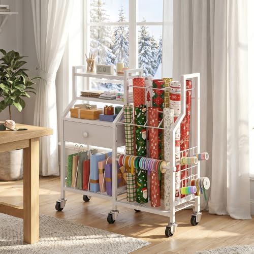 hoobro wrapping paper storage cart, rolling gift wrap shown in use