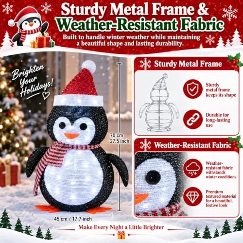 27.5-inch lighted christmas penguin for outdoor christmas decorations, close-up detail