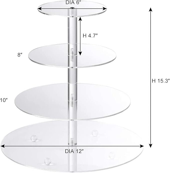 Boxalls Cupcake Stand, 4 Tier Round Acrylic Cupcake Display Stand Holder, Clear Dessert Pastry Tower for Wedding, Birthday, Theme Party, Baby Shower