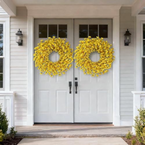 24" artificial yellow forsythia flower wreath for front, front angle view