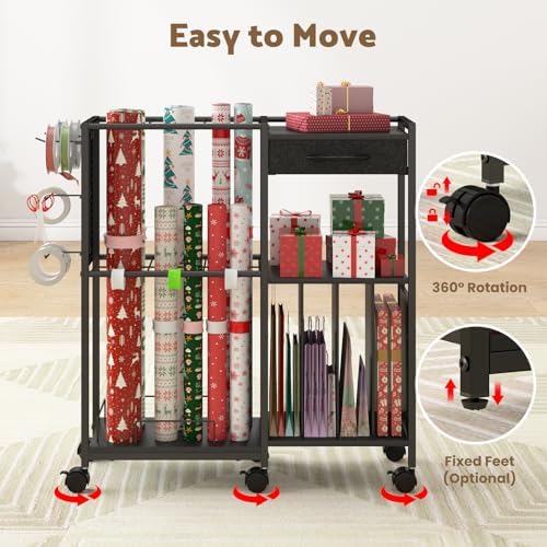 wrapping paper storage cart, rolling gift wrap station, package contents