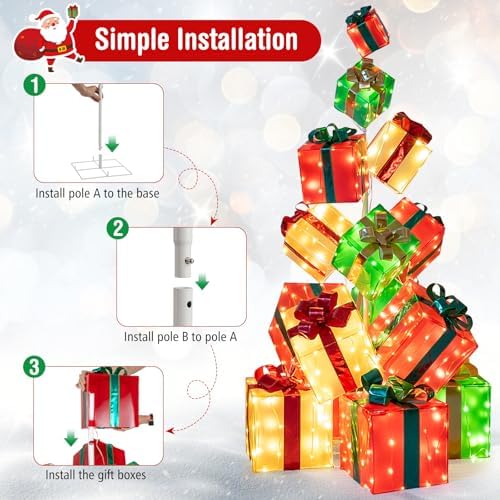 tangkula 5.6 ft christmas lighted gift box tower, front angle view